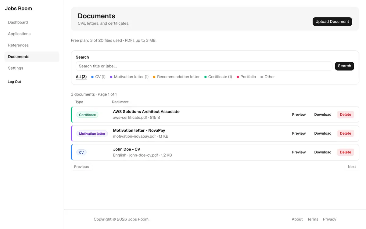 Document list with type badges, filenames, and free-plan usage